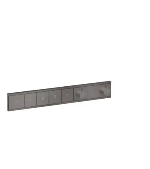 Hansgrohe Steuerungspanel mit mehreren Tasten und zwei Reglern, gestaltet in Brushed Black Chrome, für die Steuerung von vier Wasserverbrauchern.